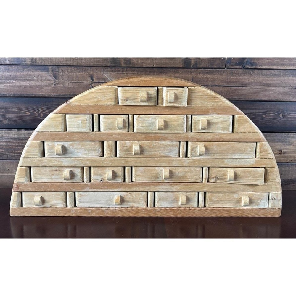 VTG Half Moon Apothecary Chest 19 Drawer Desktop Organizer Artisan Cabinet
